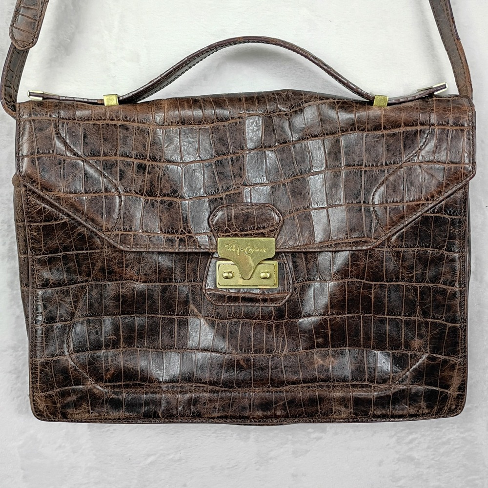 Foley‎ + Corinna Brown Croc Embossed Leather Satchel Shoulder Bag Brass Hardware